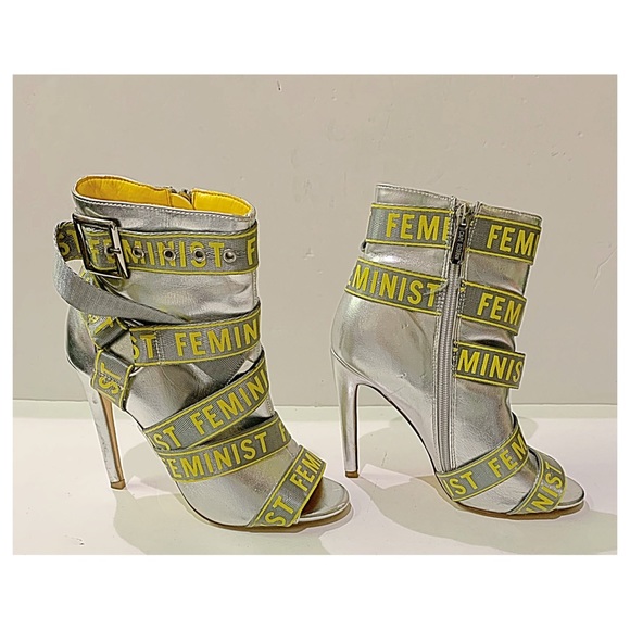 CAPE ROBBIN Booties Metallic Silver FEMINIST Text Ribbon Stiletto Booties Size 6 - Picture 5 of 15
